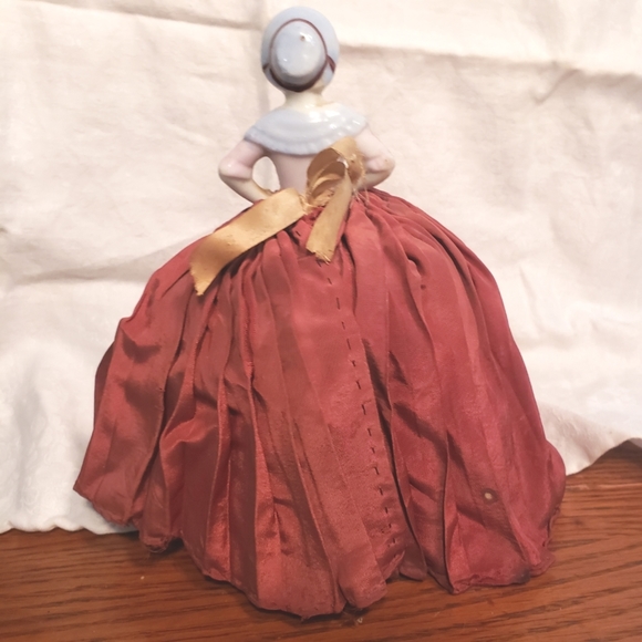 Antique Porcelain Half Doll Pincushion with Dark Red Silk Skirt - Picture 3 of 11